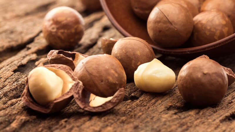 Macadamianüsse haben den höchsten Gehalt an einfach ungesättigten Fettsäuren und schmecken z.B. als Macadamia-Cookies