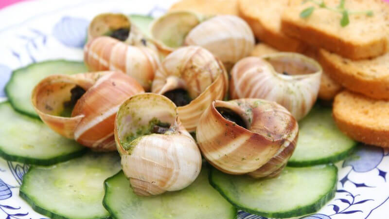 Schnecken, wie z.B. Weinbergschnecken oder Achatschnecken, sind sehr kalorienarm und enthalten wichtige Nährstoffe; beliebte Zubereitungsweise ist die französische Art