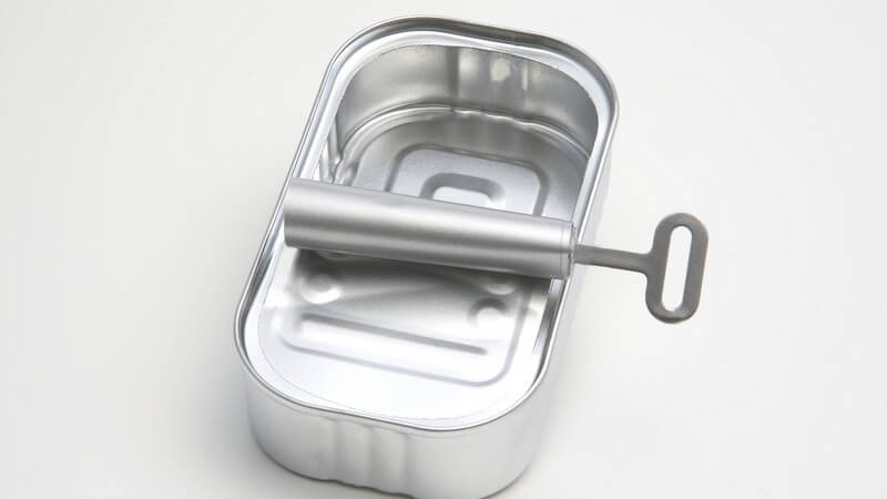Silberne Fischkonservendose, geöffnet und leer