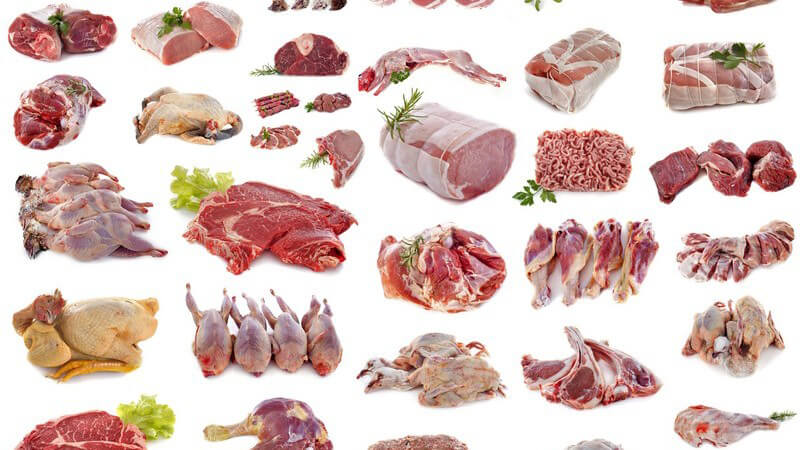 Collage mit über 40 verschiedenen Fleischsorten vor weißem Hintergrund