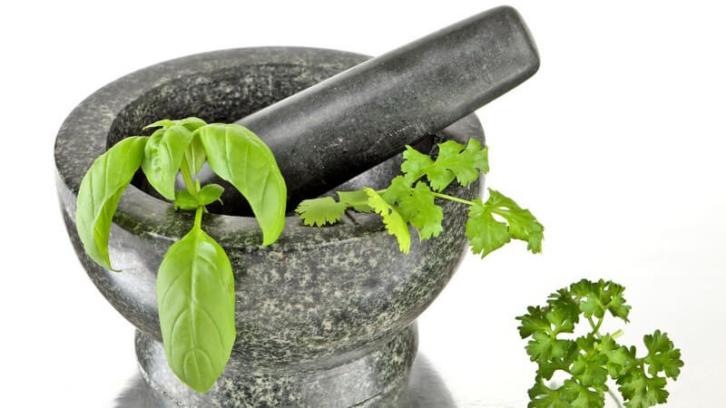 Frischer Basilikum und Petersilie in Steinschale und -mörser