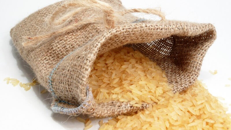 Reis in und vor Beutel, weißer Hintergrund