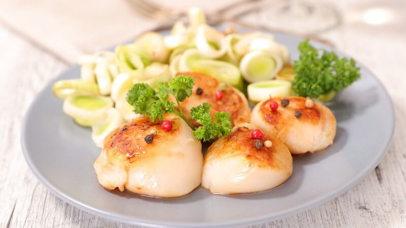 Teller mit Jakobsmuscheln und Lauch