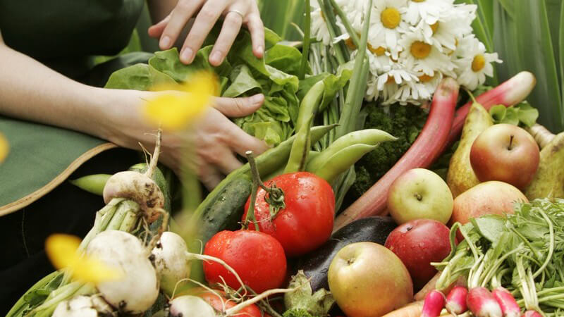 Gärtnerin mit Strohhut hat Korb mit frischem Gemüse und Obst