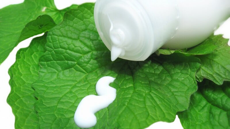 Weiße Flasche auf grünen Blättern, auf denen eine Wurst weiße Creme liegt