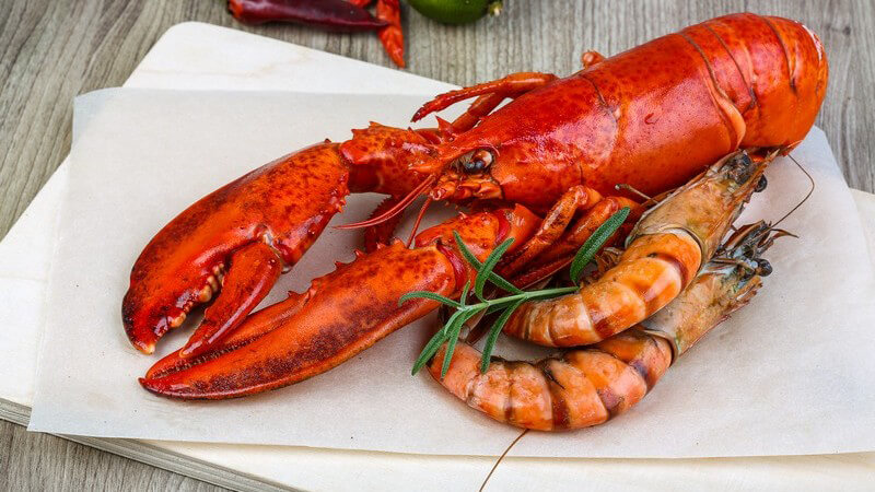 Ein Hummer und zwei Shrimps auf Papier