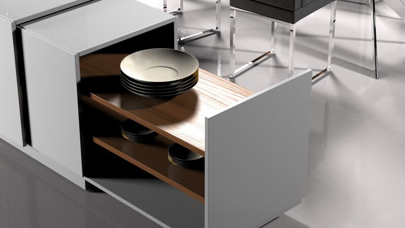 Esszimmer, moderner Ausziehschrank mit Geschirr