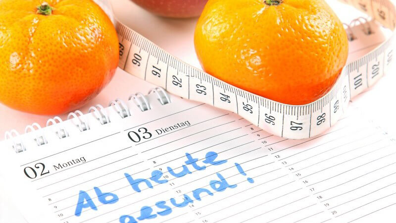 Mandarinen und Maßband auf Kalender: Abnehmen, Vorsatz