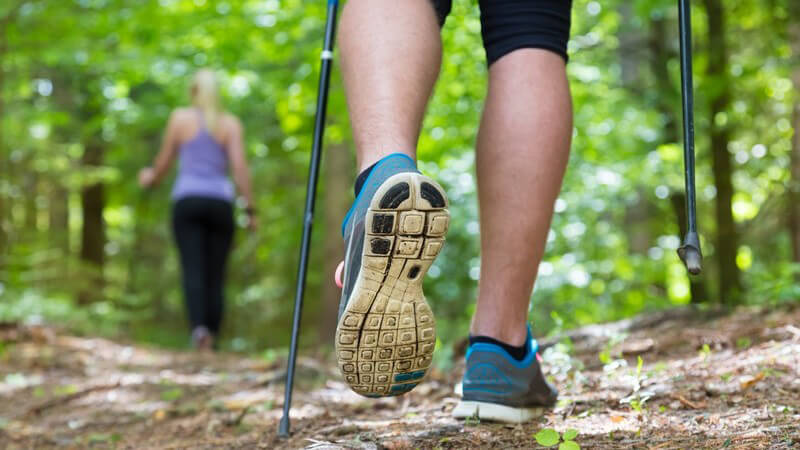 Rückansicht zweier Nordic-Walker im Wald