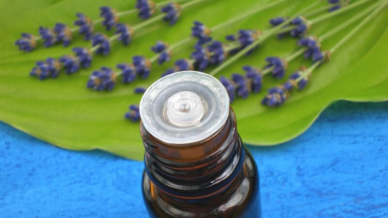 Kleine Flasche mit Lavendelöl, daneben frischer Lavendel auf grünem Blatt