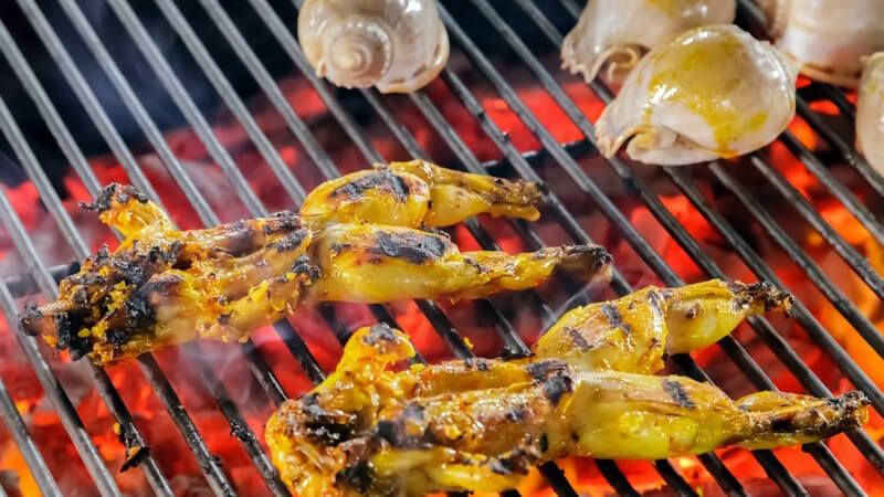 Schnecken und zwei Frösche auf einem Holzkohlegrill
