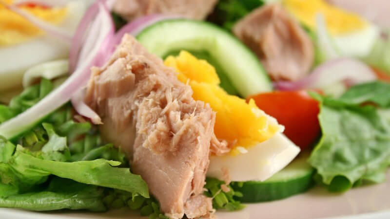 Nahaufnahme Salat mit Thunfisch und Ei