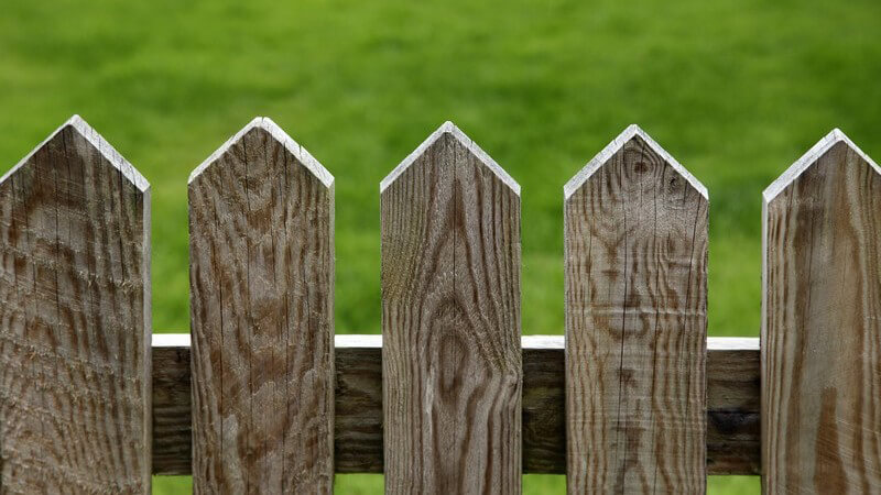 Spitzer Gartenzaun aus Holz (Jägerzaun) vor grünem Rasen