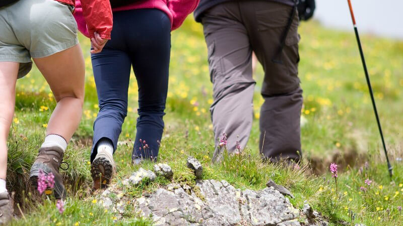 Beine von drei Bergsteigern mit Wanderschuhen, eine steile, steinige Wiese hoch wandernd