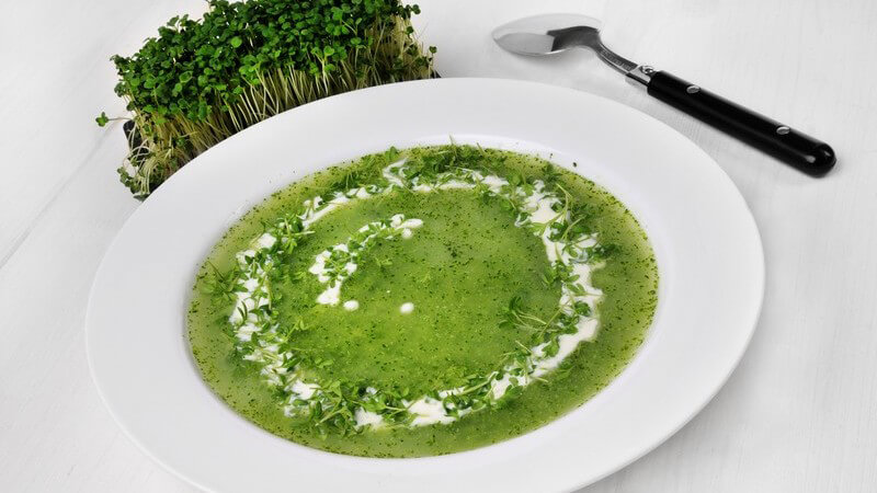 Grüne Gemüsesuppe mit Kresse in weißem Teller, daneben Löffel und Bund frischer Kresse
