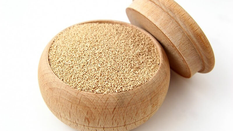 Bierhefe in kleiner Holzdose, daneben Deckel