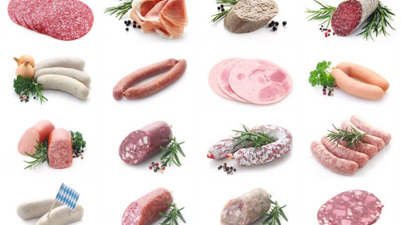 Collage mit 16 verschiedenen Wurstsorten vor weißem Hintergrund