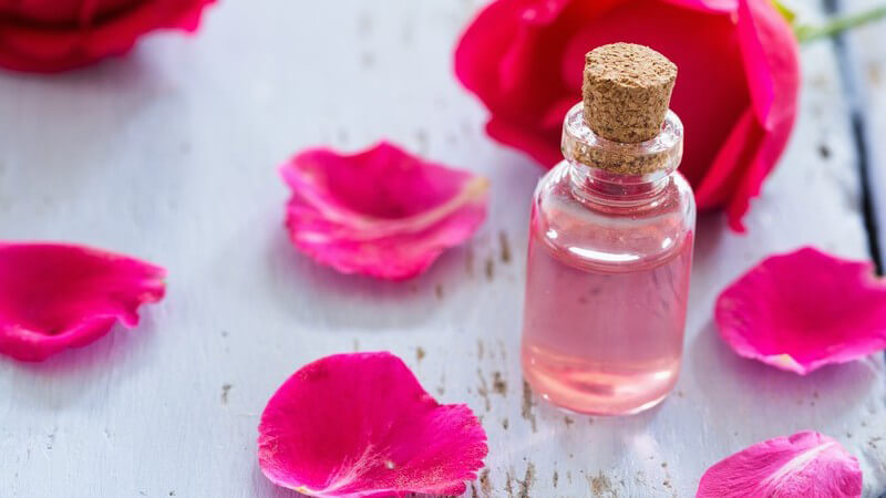 Kleines Fläschchen mit rosa Aromaöl auf einem Holztisch umgeben von Rosenblütenblättern