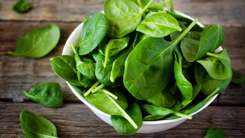 Frische Spinatblätter in weißer Schüssel