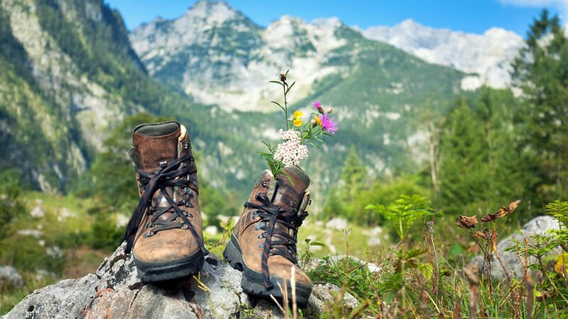 Braune Wanderschuhe stehen auf einem kleinen Felsen im Gebirge, in einem Schuh stecken Blumen
