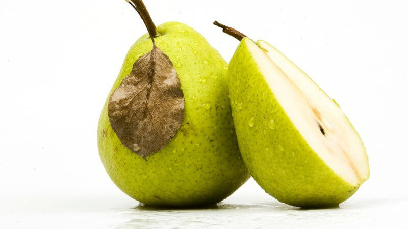 Eine ganze Birne mit Blatt und eine halbe Birne, stehend, vor weißem Hintergrund