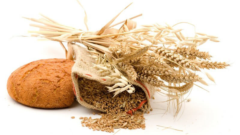 Weizen(körner) und frisch gebackenes Brot auf weißem Hintergrund