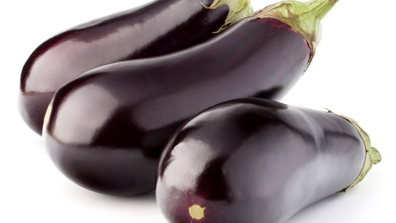 Drei glänzende Auberginen vor weißem Hintergrund